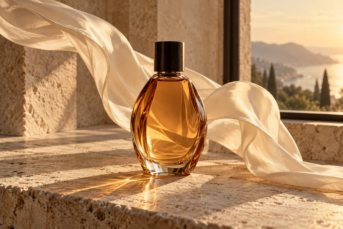 Um frasco de perfume âmbar emoldurado por uma fita de seda marfim e pela luz quente de uma janela.