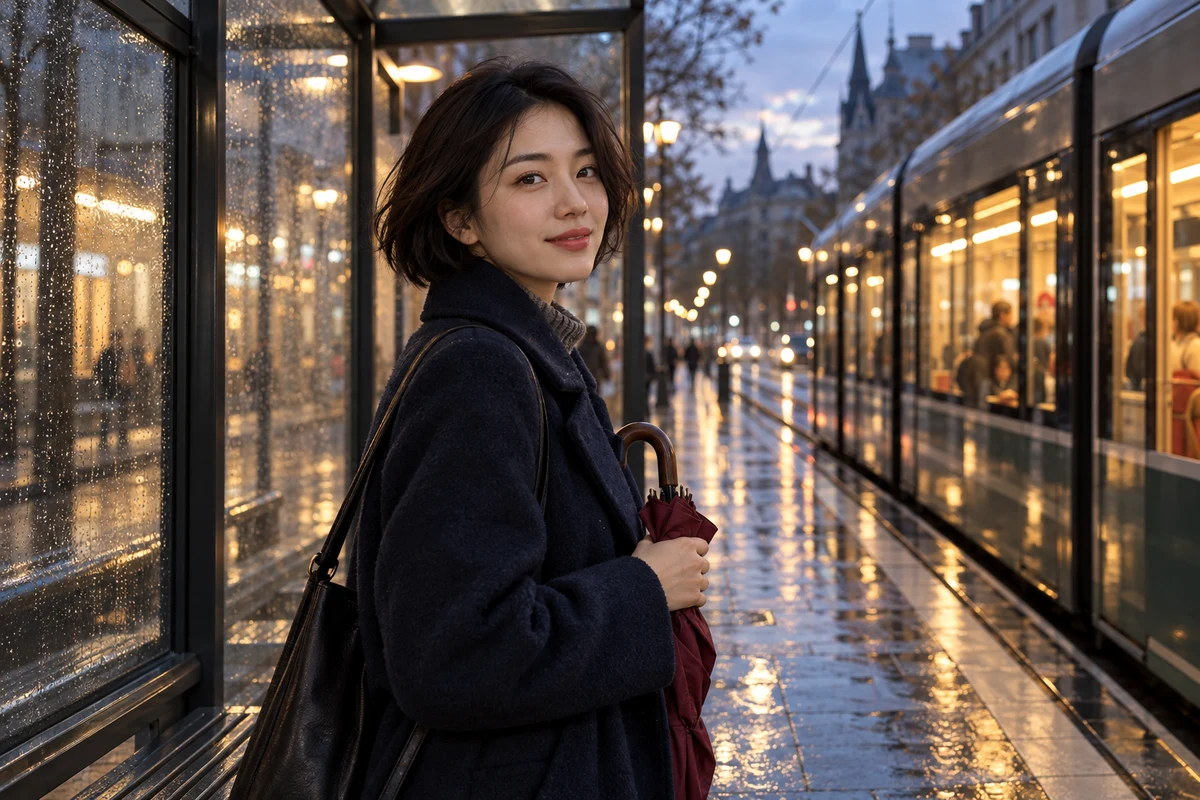 Retrato de uma mulher com cabelo escuro curto em corte bob, casaco azul-noite e guarda-chuva bordô em uma parada de bonde.