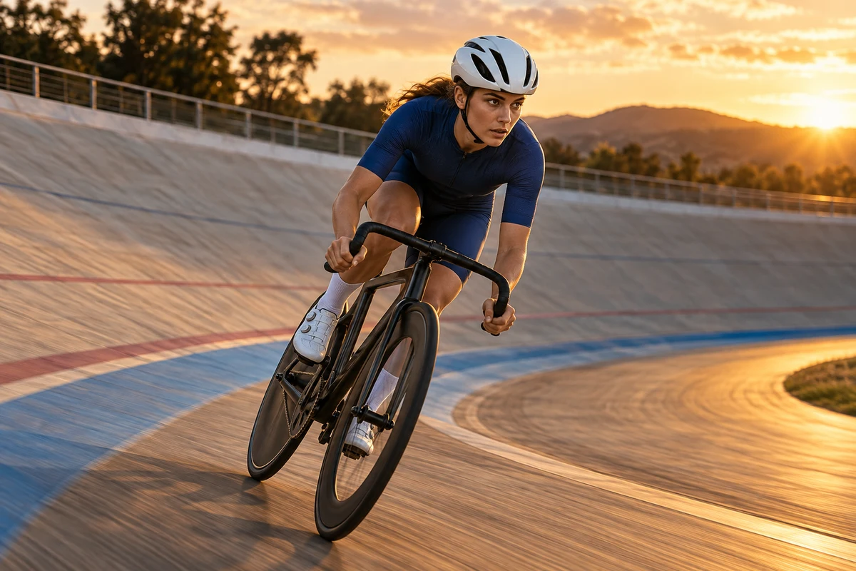 Uma ciclista contorna uma curva de velódromo com luz quente sobre o capacete e a camisa azul.