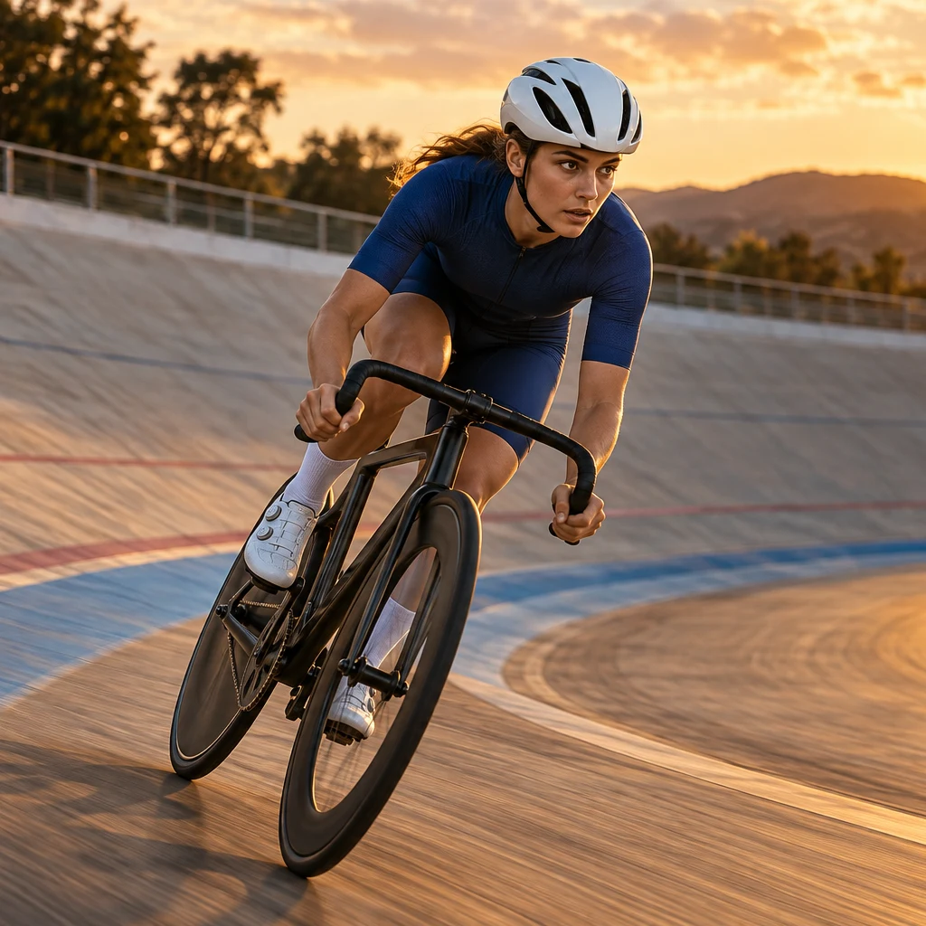 Uma ciclista de camisa azul se inclina em uma curva de velódromo sob a luz dourada do fim da tarde.