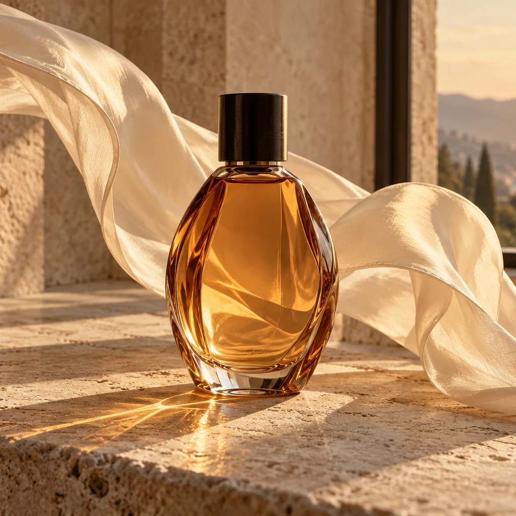 Um frasco de perfume de vidro âmbar sobre pedra calcária com uma fita marfim levantada na luz quente do sol.
