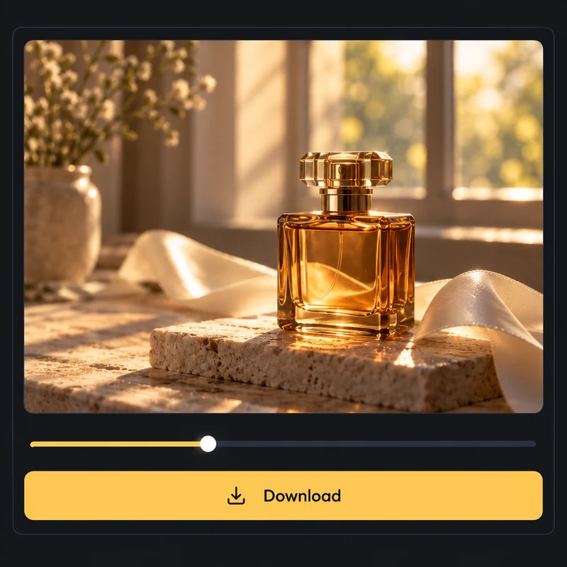 Ilustração da prévia de um vídeo de perfume com controles de reprodução e um botão de download.
