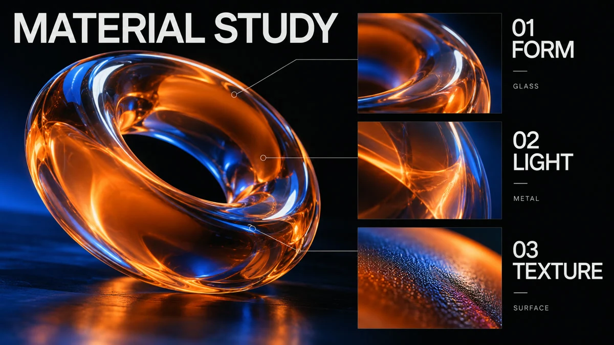 Gráfico contemporâneo de um estudo de materiais que combina uma forma escultural, rótulos claros e uma grade editorial organizada.