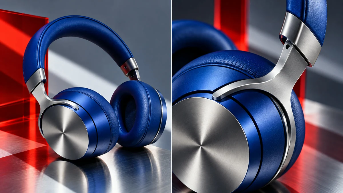 Estudo editorial de produto que mostra fones azul-cobalto de ângulos complementares, com reflexos metálicos controlados.