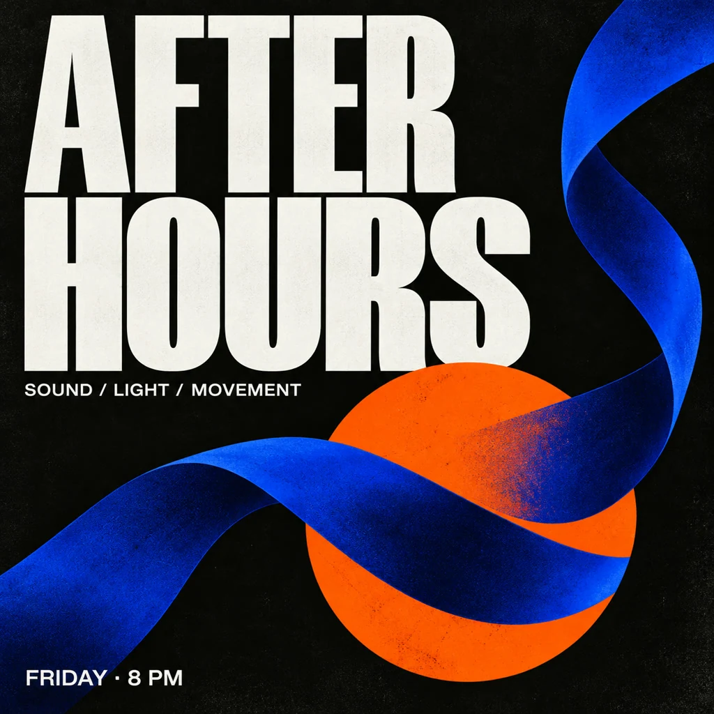 Pôster AFTER HOURS em preto, branco, cobalto e laranja, com tipografia marcante e uma fita escultural.