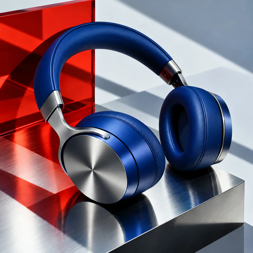 Fones azul-cobalto sobre aço polido, com um painel vermelho translúcido e sombras de estúdio bem definidas.