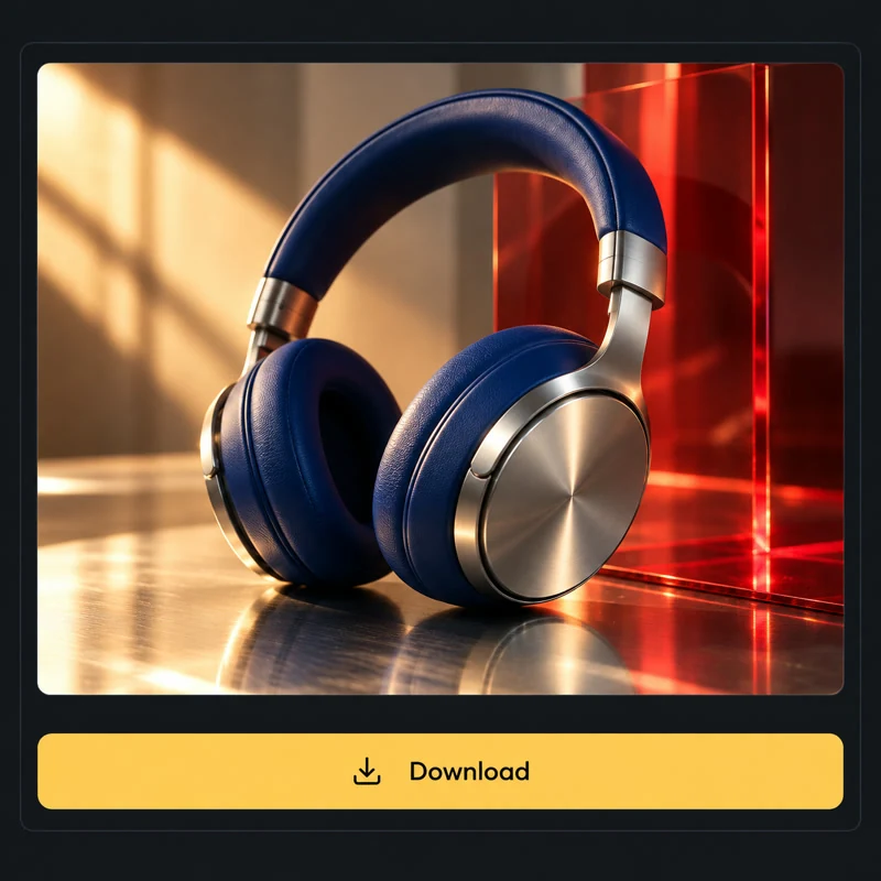 Ilustração de uma imagem pronta de fones azuis acima de um botão amarelo de download.