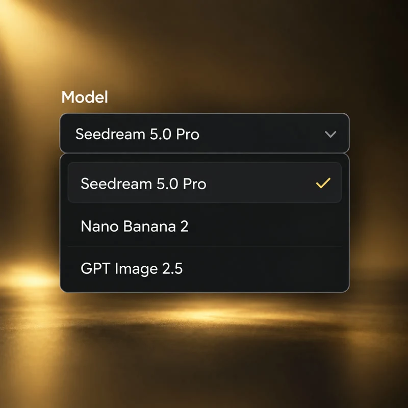 Ilustração de Seedream 5.0 Pro selecionado no menu de modelos.